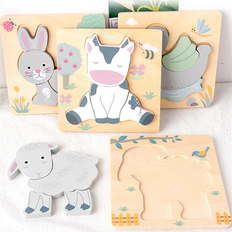 1Set Wooden Cartoon Animal Puzzle Baby Early Education Montessori Toys