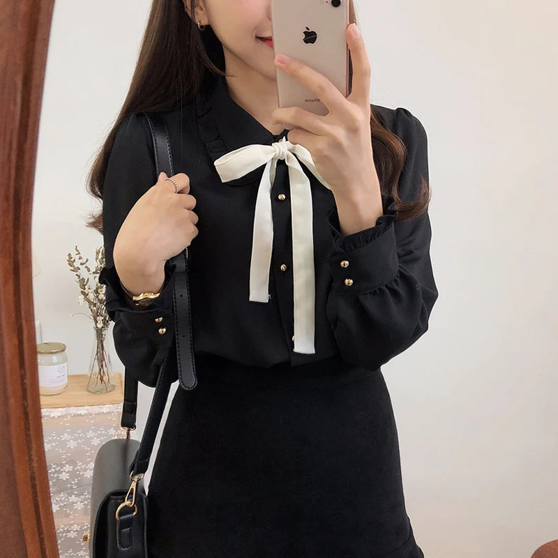 Chiffon Blouses Shirts New Hot Style Girls Bow Tie Tops Collar Shirt