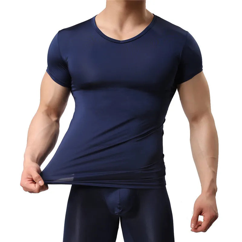 Man Undershirt Ice Silk Spandex Sheer T Shirts Male Nylon V-Neck Short Sleeves