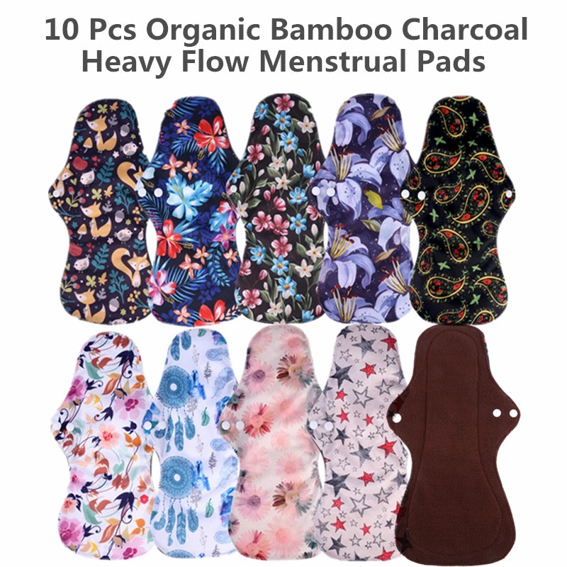 10pcs Organic Bamboo Charcoal Washable Hygiene Menstrual Pads Heavy Flow Pads