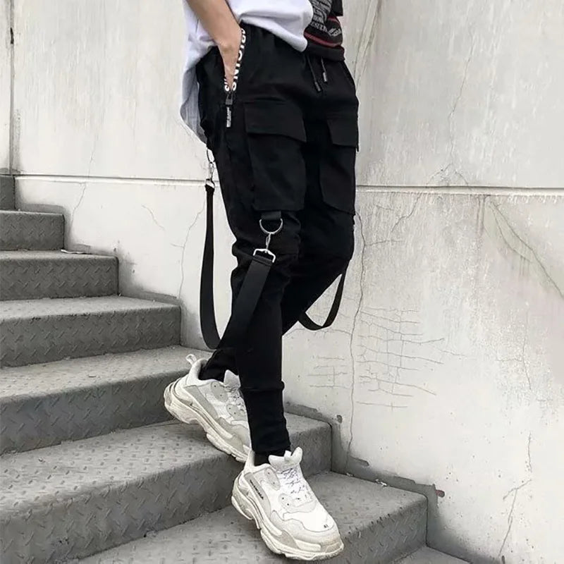 Fashion Slim-Fit Pants Men Streetwear Ribbon Harajuku Black Cargo Pants for Men