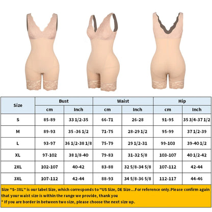 Women Full Body Shapewear Sexy v Neck Bodysuit Slimming Belly Lace Patchwork