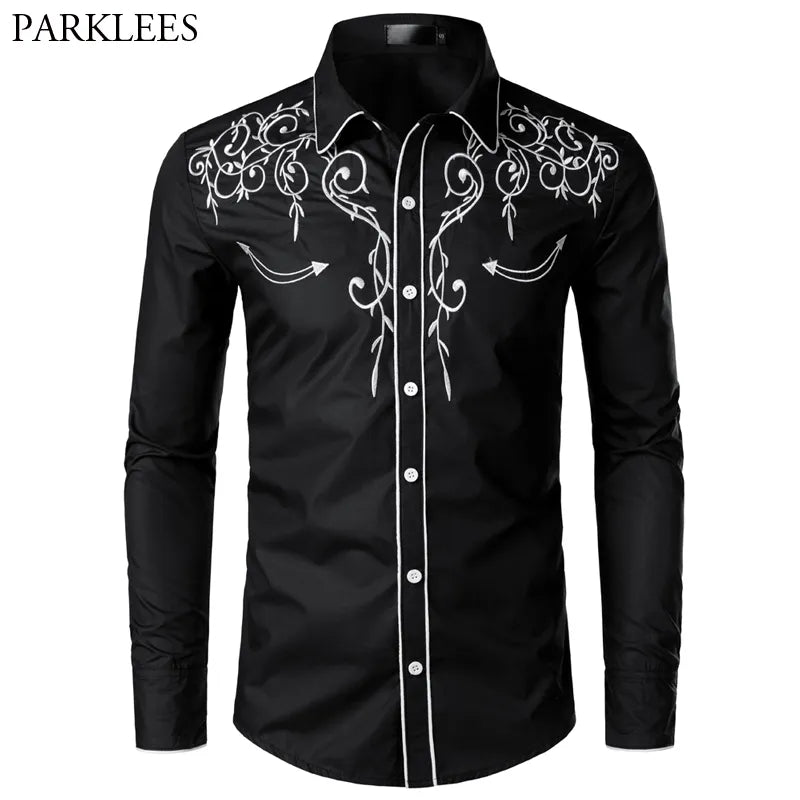 Stylish Western Cowboy Shirt Men Brand Design Embroidery Slim Fit