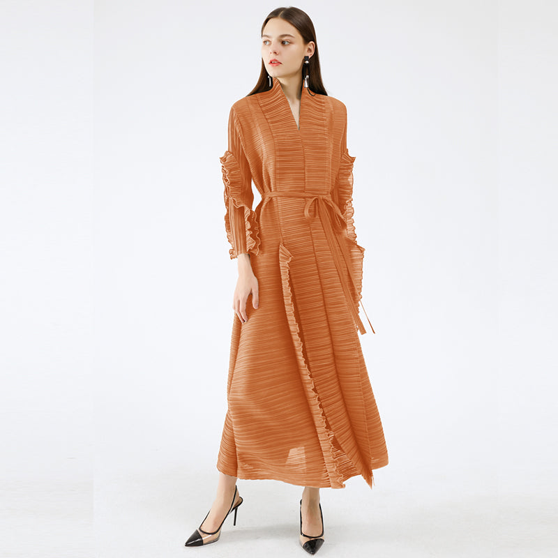 Miyake Pleated Long Petal Sleeve Dress Lapel Cardigan Sashes