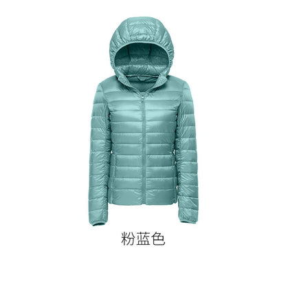 Women's Hooded Down Jacket Lightweight Short Slim White Duck Down Ladies' Jacket