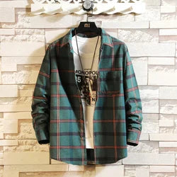 Casual Plaid Shirt Vintage Spliced Mens Shirts Turn-Down Collar Long Sleeve