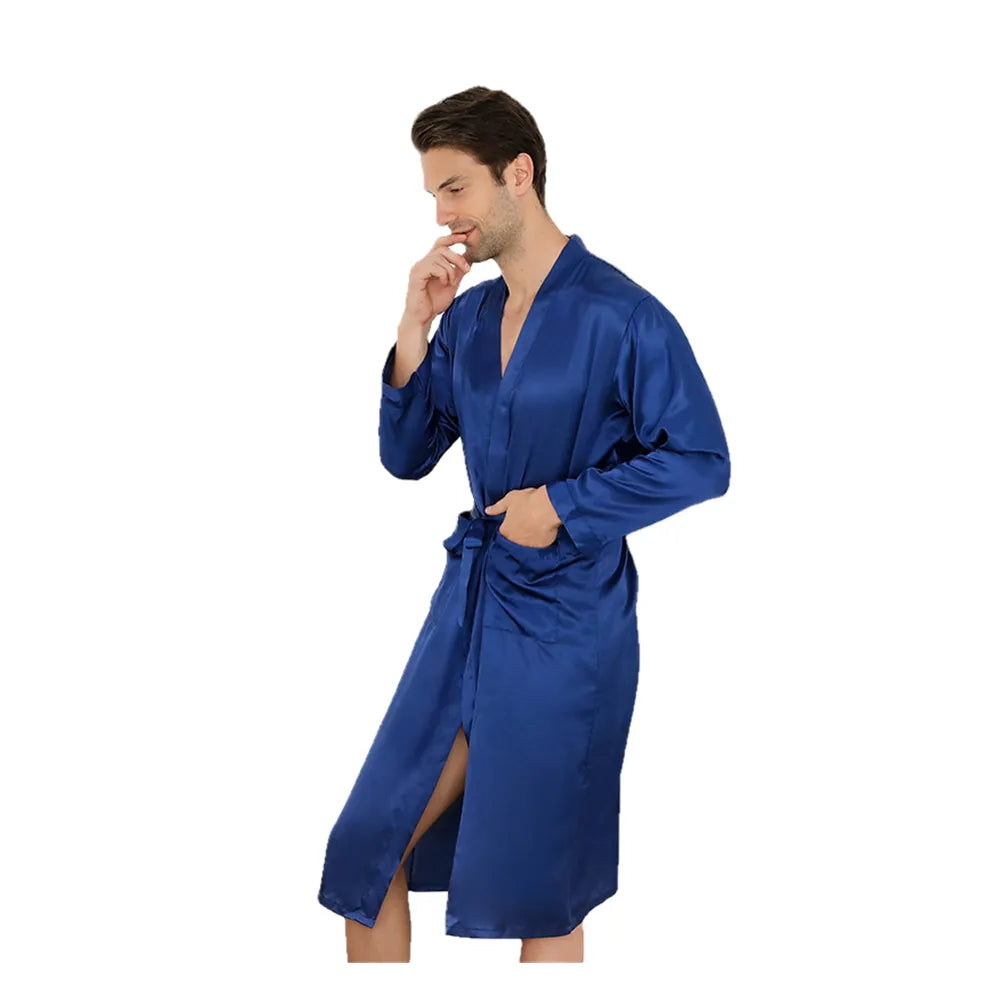 Blue Chinese Men Silk Rayon Robe Summer Casual Sleepwear V-Neck