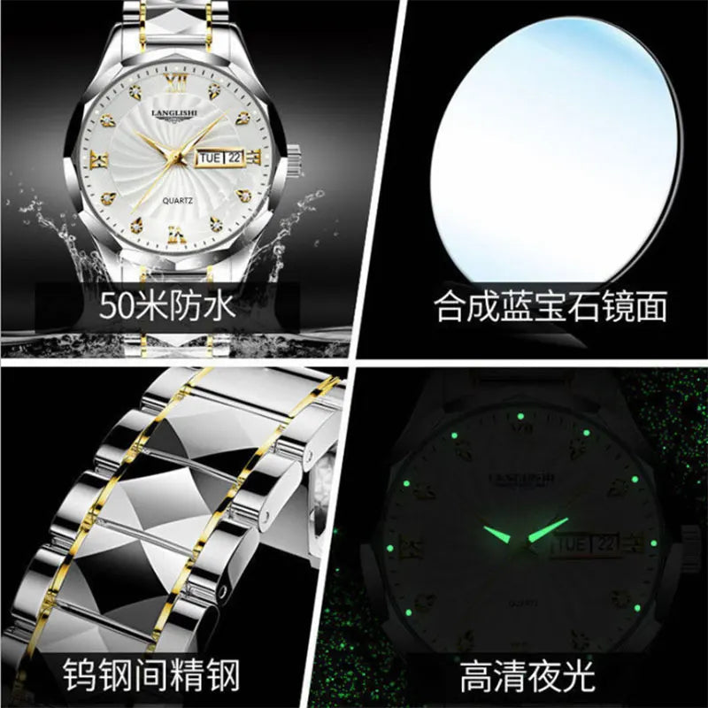 Men's Diamond Faced Steel Band Watch Waterproof Luminous Calendar Quartz Watch