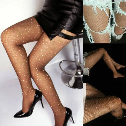 Women Sexy Long Stockings Tights Rhinestone Mesh Fishnet Pantyhose Plus Size