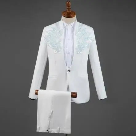 White Embroidered Diamond Suit Men Wedding Groom Tuxedo