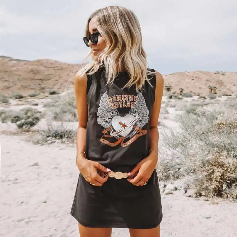 Boho Fashion Women Sleeveless Cartoon Print Tanks Loose Camo Tank Tops Collar