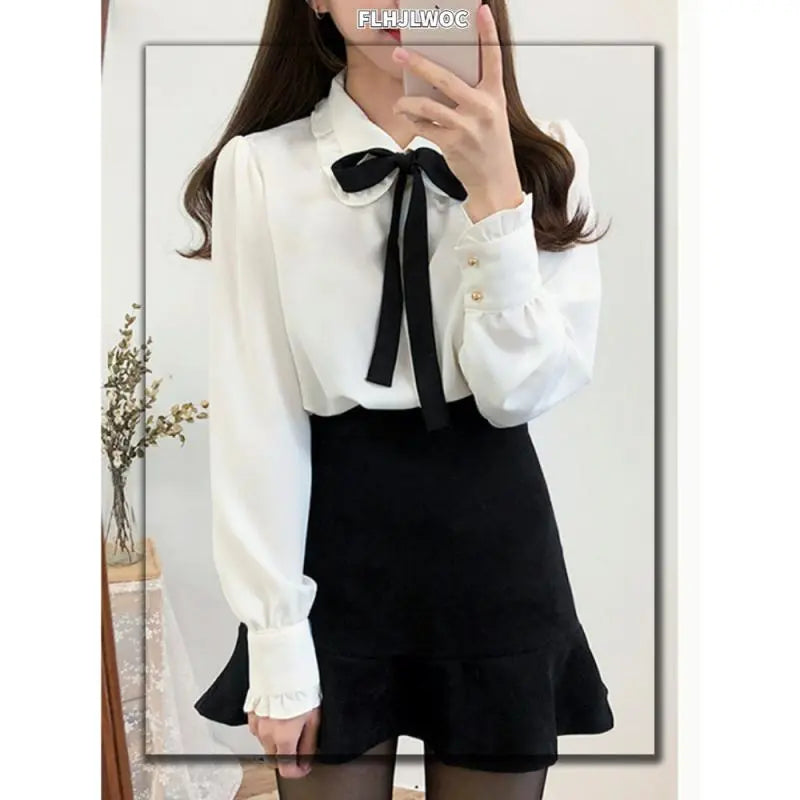 Chiffon Blouses Shirts New Hot Style Girls Bow Tie Tops Collar Shirt