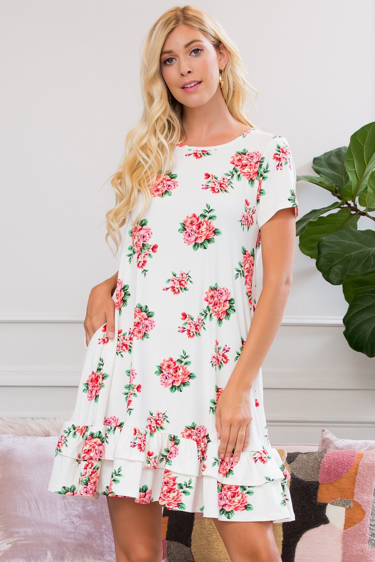 Short Sleeved Floral Ruffled Hem Dress