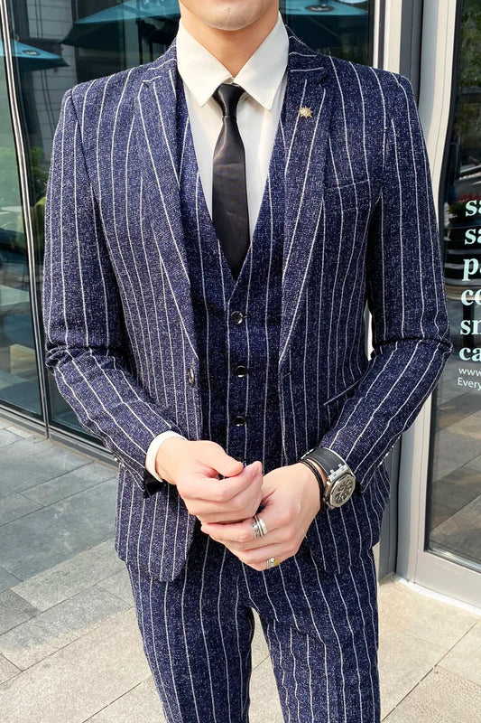 Striped Men's Suit Fashion Korean Slim Fit 3-Pieces Blazers+Pant