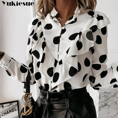 Womens Elegant Ruffle Blouse Shirts Polka Dot Leopard Blouses Femme 2022