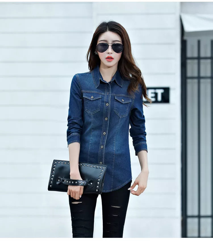 Jeans Shirt Women Long Sleeve Slim Casual Vintage Elastic Ladies Denim Shirts