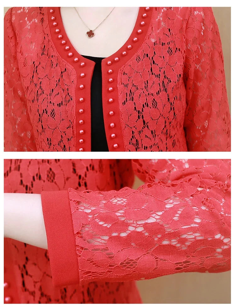 Womens Jackets and Coats Long Sleeve Beading Hollow Lace Women Jacket