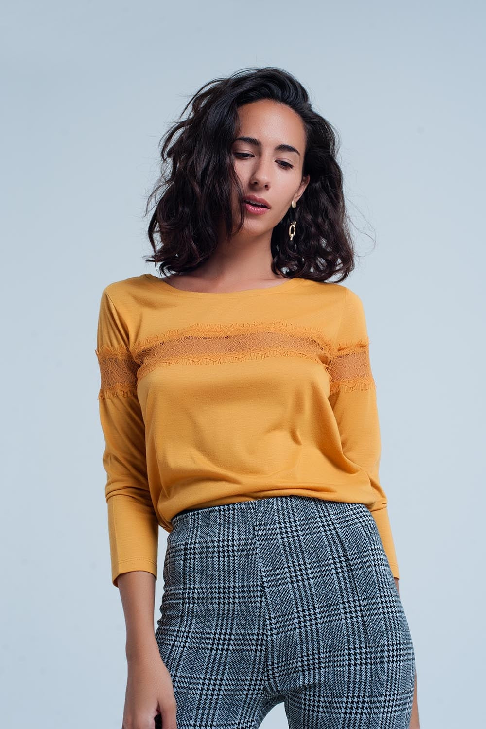 Mustard 3/4 Sleeve T-Shirt With Eyelash Trim