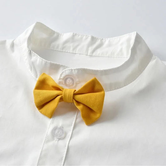 Boy Formal Clothing Suit Shirt Bow Yellow Shorts Belt Clothes Set