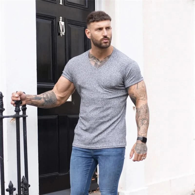 New Summer Men's Fashion T-Shirt Knitting V-Neck Slim Fit Pullovers