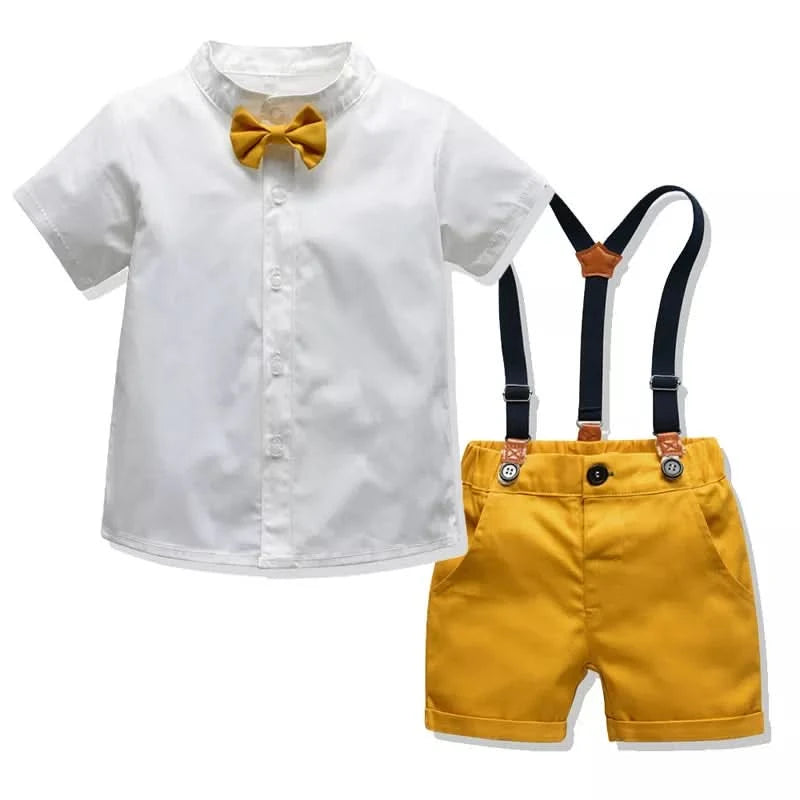 Boy Formal Clothing Suit Shirt Bow Yellow Shorts Belt Clothes Set