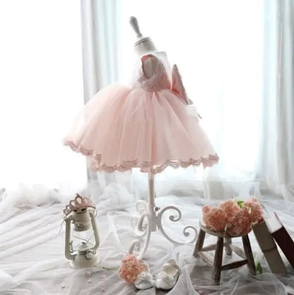 Elegant Girl Dress Fashion Pink Lace Big Bow Party Princess Wedding Dresses