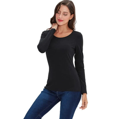 Women Basic Solid Long Sleeve T Shirt Round Crew Neck Plain Cotton Spandex Tops