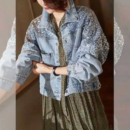 Hole Jean Jacket Women Spring Short Sequin Denim Jacket Splice Autumn