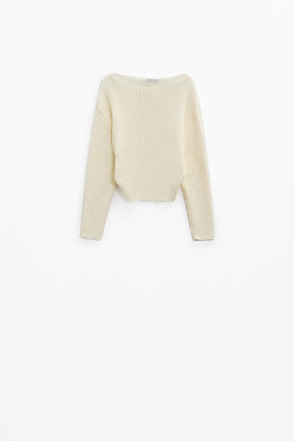 Relaxed Ribbed Boat Neck Sweater in Cream