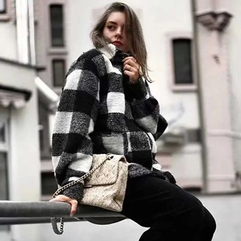 Boho Inspired Tweed Jackets for Women Winter Black White Plaid Women Jacket