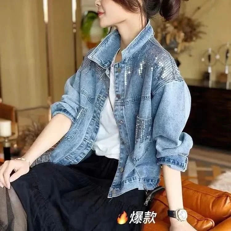 Hole Jean Jacket Women Spring Short Sequin Denim Jacket Splice Autumn