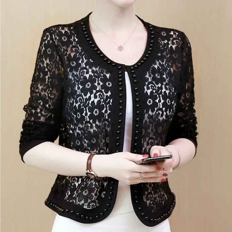 Womens Jackets and Coats Long Sleeve Beading Hollow Lace Women Jacket