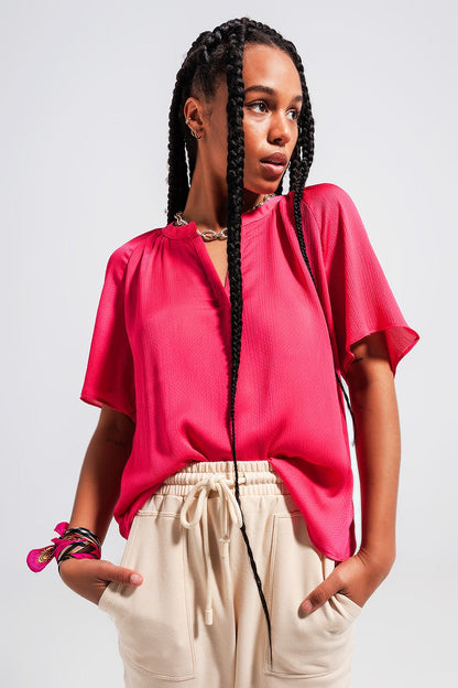 V Neck Short Sleeve Top in Fuchsia