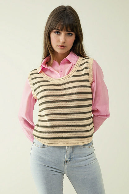 Cream Sleeveless Knit Top With Khaki Stripes