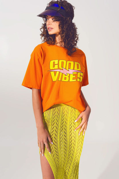 T-Shirt With Good Vibes Text in Orange