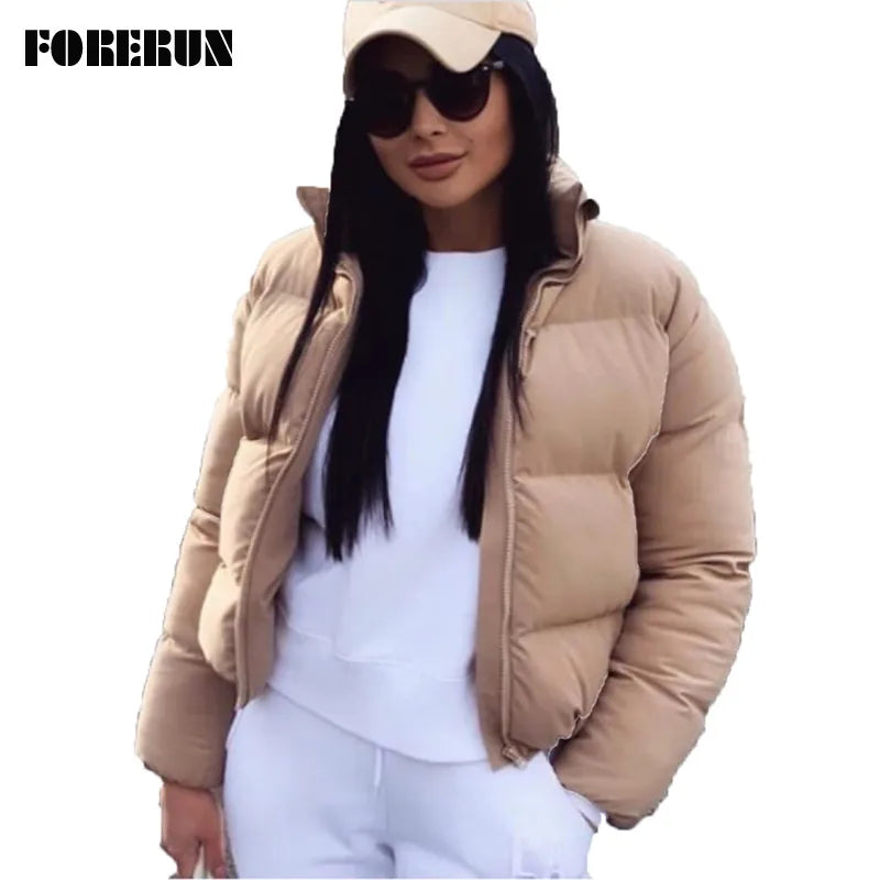 FORERUN Fashion Bubble Coat Women Solid Stand Collar Puffer Jackets Parkas