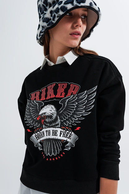 Sweatshirt in Black With Biker Print