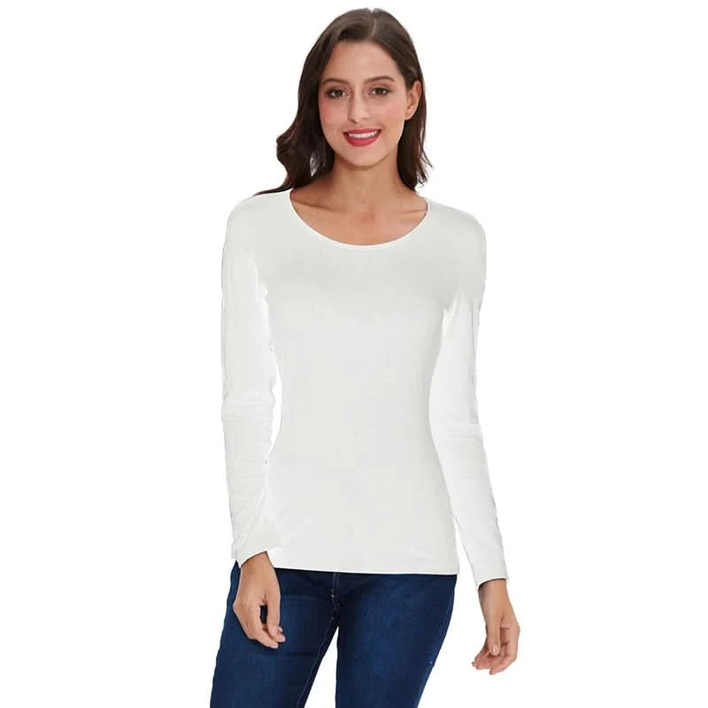 Women Basic Solid Long Sleeve T Shirt Round Crew Neck Plain Cotton Spandex Tops