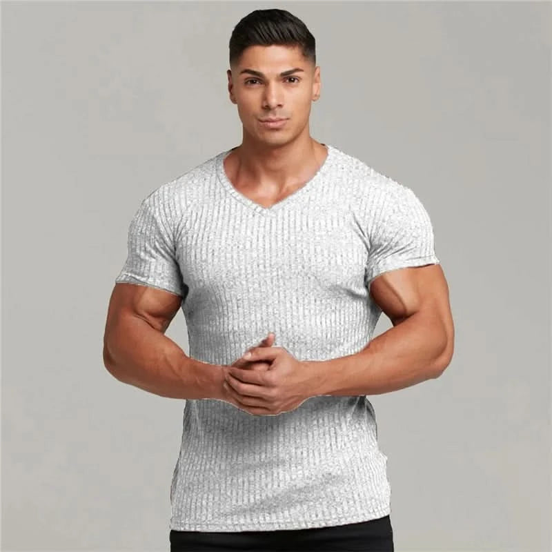 New Summer Men's Fashion T-Shirt Knitting V-Neck Slim Fit Pullovers