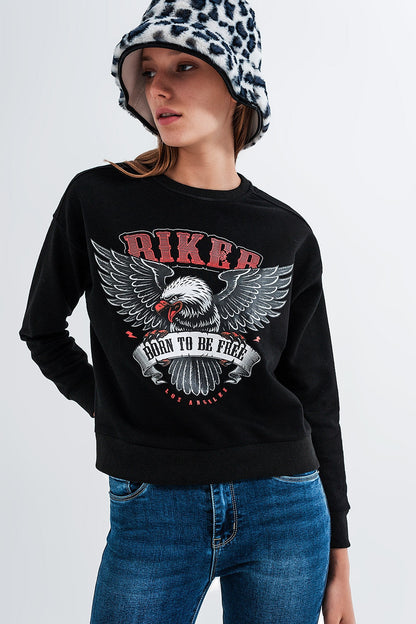 Sweatshirt in Black With Biker Print