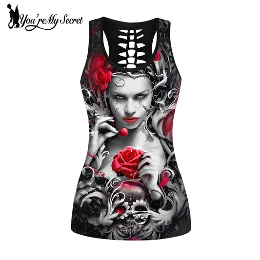 [You're My Secret] Gothic Tank Top Women Banshee Mask Rose Print Sleeveless Top