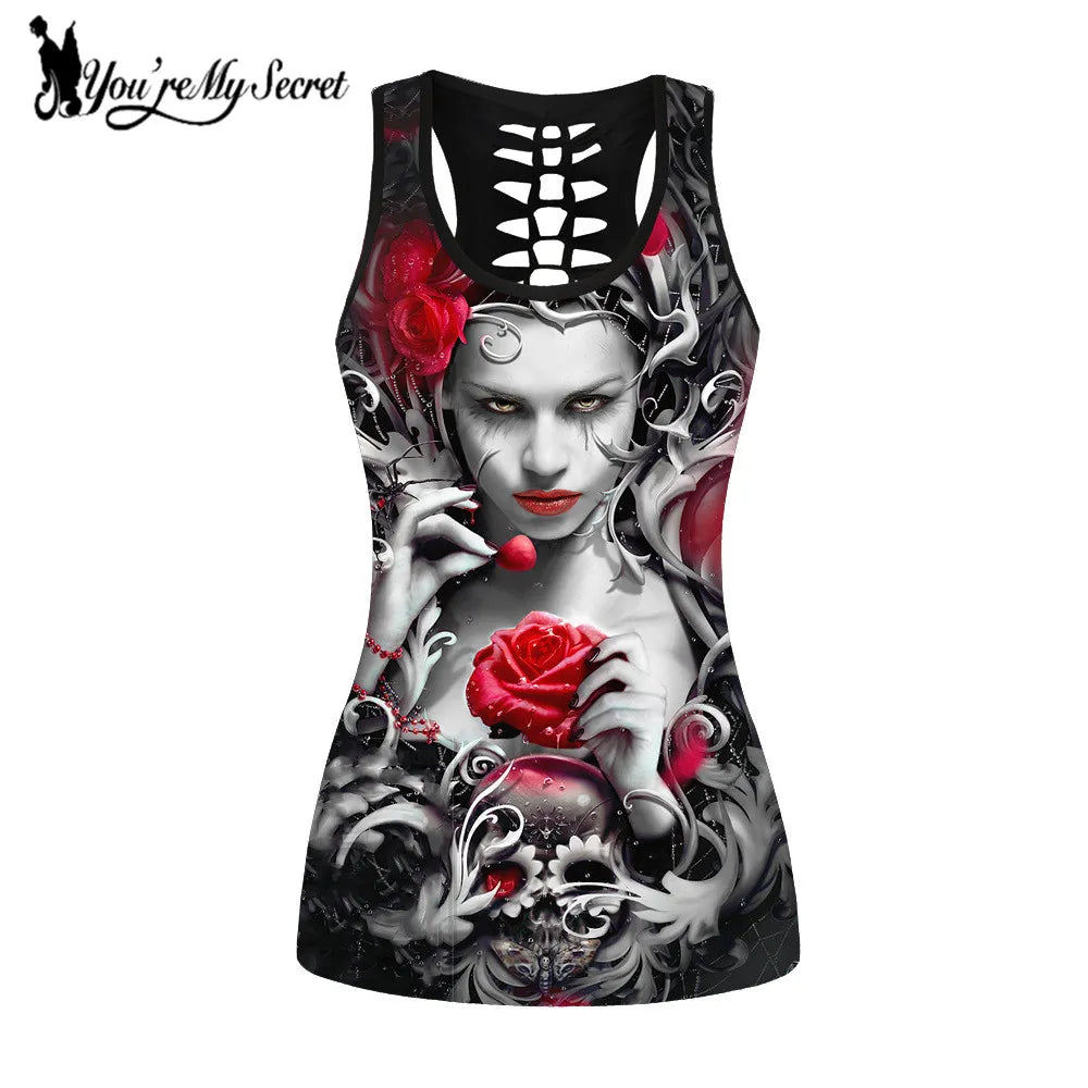 [You're My Secret] Gothic Tank Top Women Banshee Mask Rose Print Sleeveless Top