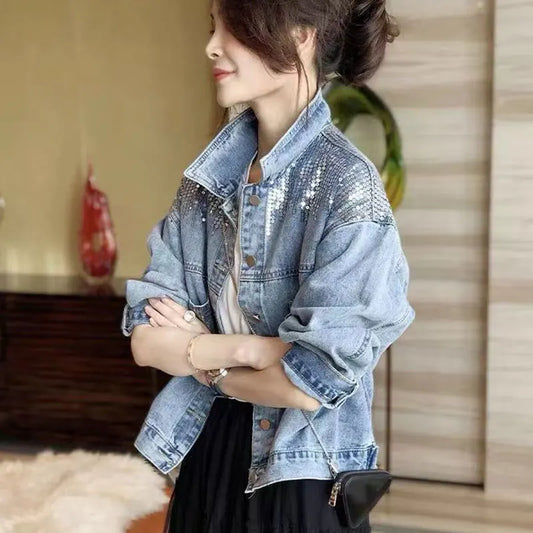 Hole Jean Jacket Women Spring Short Sequin Denim Jacket Splice Autumn