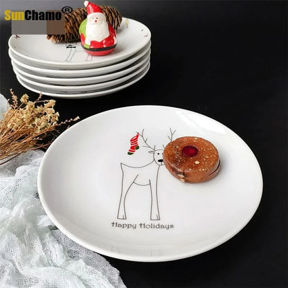 Ceramic Christmas Plate Household Reindeer Dessert Children's Meal Small Cute