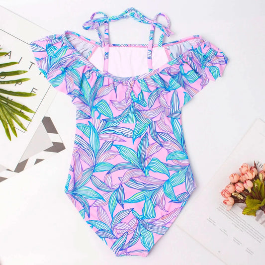 2024 Leaf Print Girl One Piece Kids Swimwear for Girls 6-14 Years Children