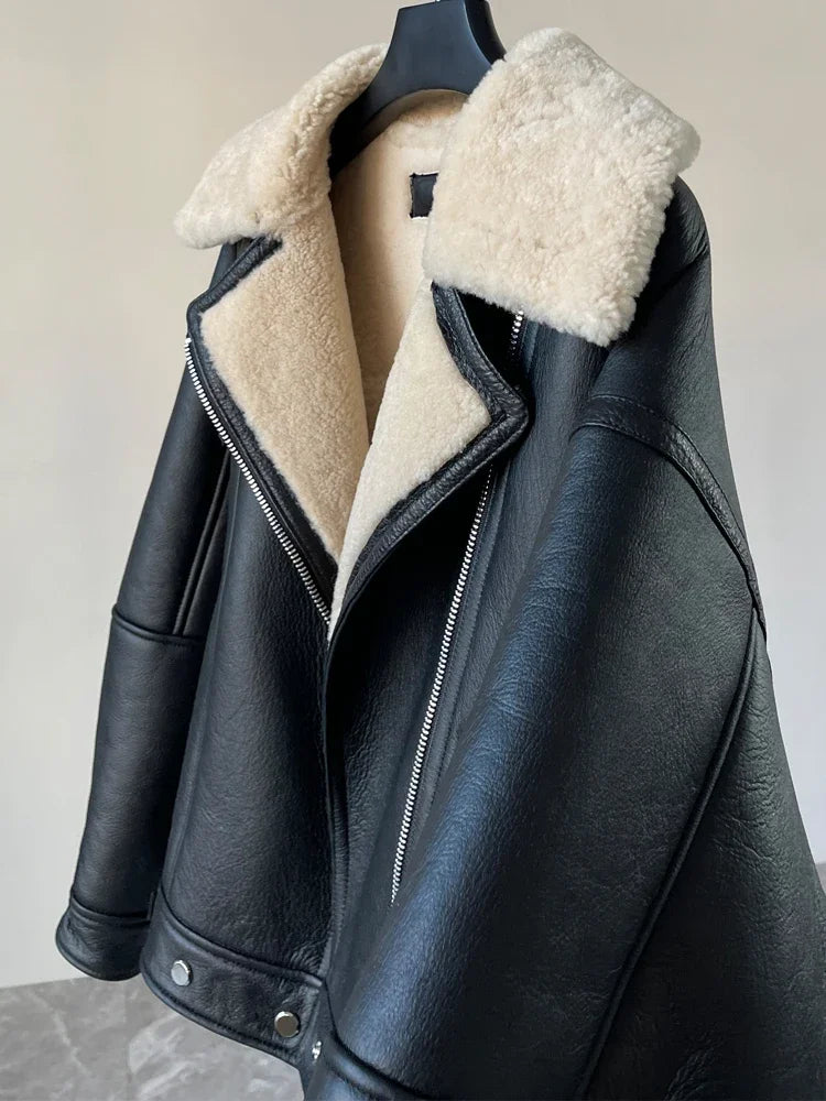 Women Winter Thick Natural Leather Fur Genuine Sheepskin Jacket