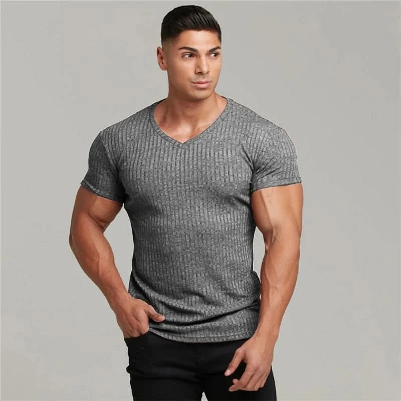 New Summer Men's Fashion T-Shirt Knitting V-Neck Slim Fit Pullovers