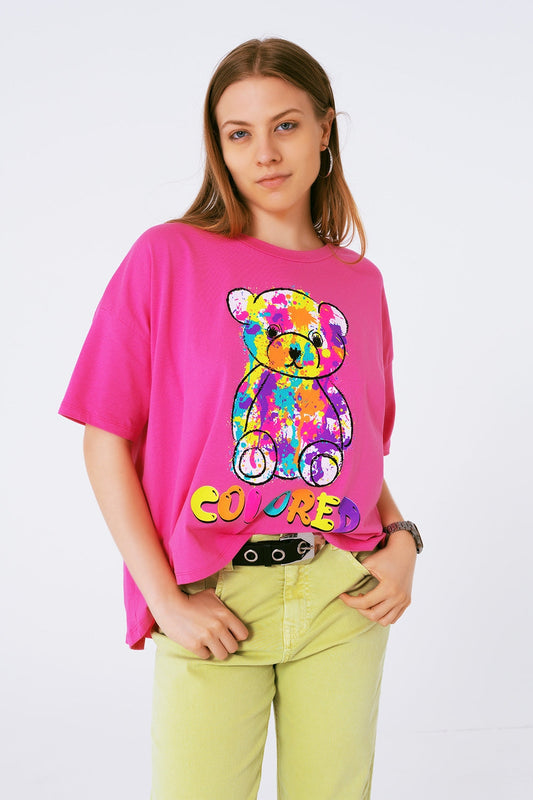 Loose-Fitting Fuchsia T-Shirt With Colored Bear