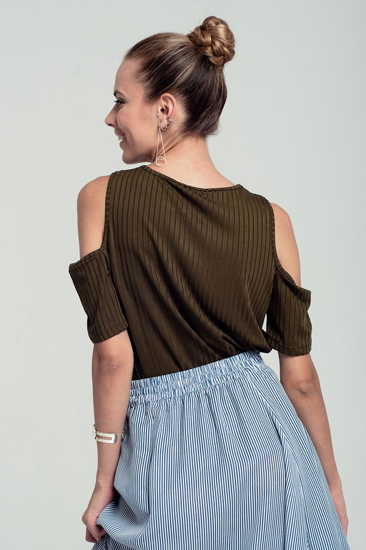 Khaki Cold Shoulder Top