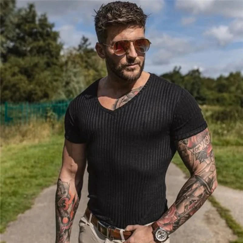 New Summer Men's Fashion T-Shirt Knitting V-Neck Slim Fit Pullovers